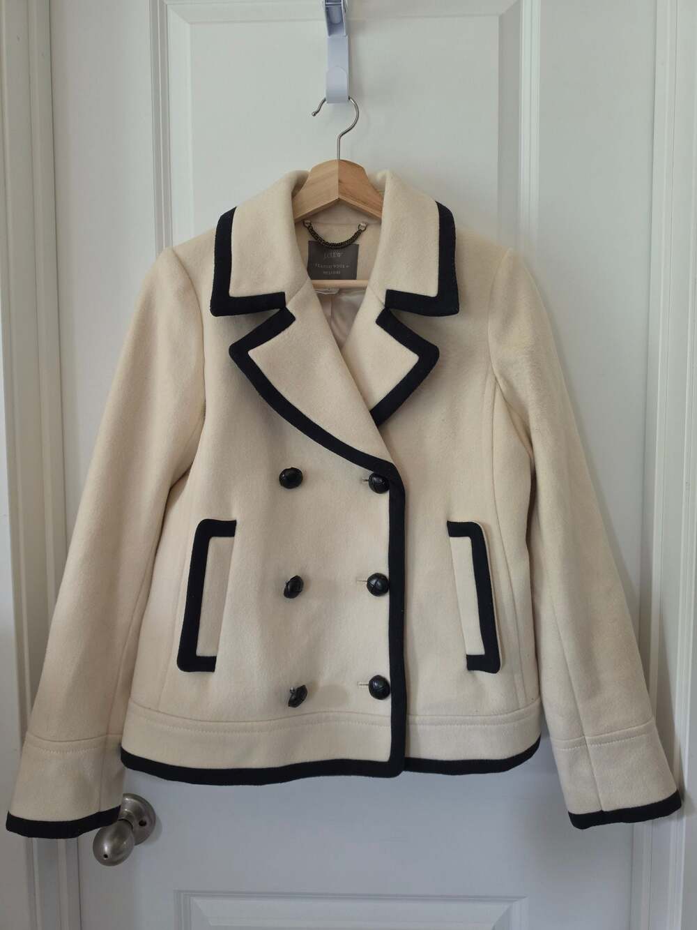 J.Crew Nello Gori 100% Wool Peacoat Ivory Black Trim Double Breasted Sz 6
